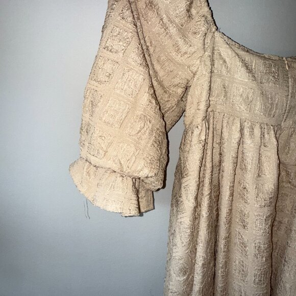 Sweet Lemon Tan Cream Puffy Sleeve A-Line Flowy Mini Short Dress with Pattern S - Picture 6 of 6